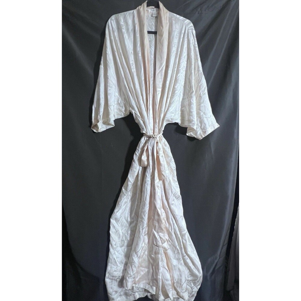 Freesha Women 100% Silk Robe Ivory Cream Floral OS Long Sleeve Kimono Wrap Vtg